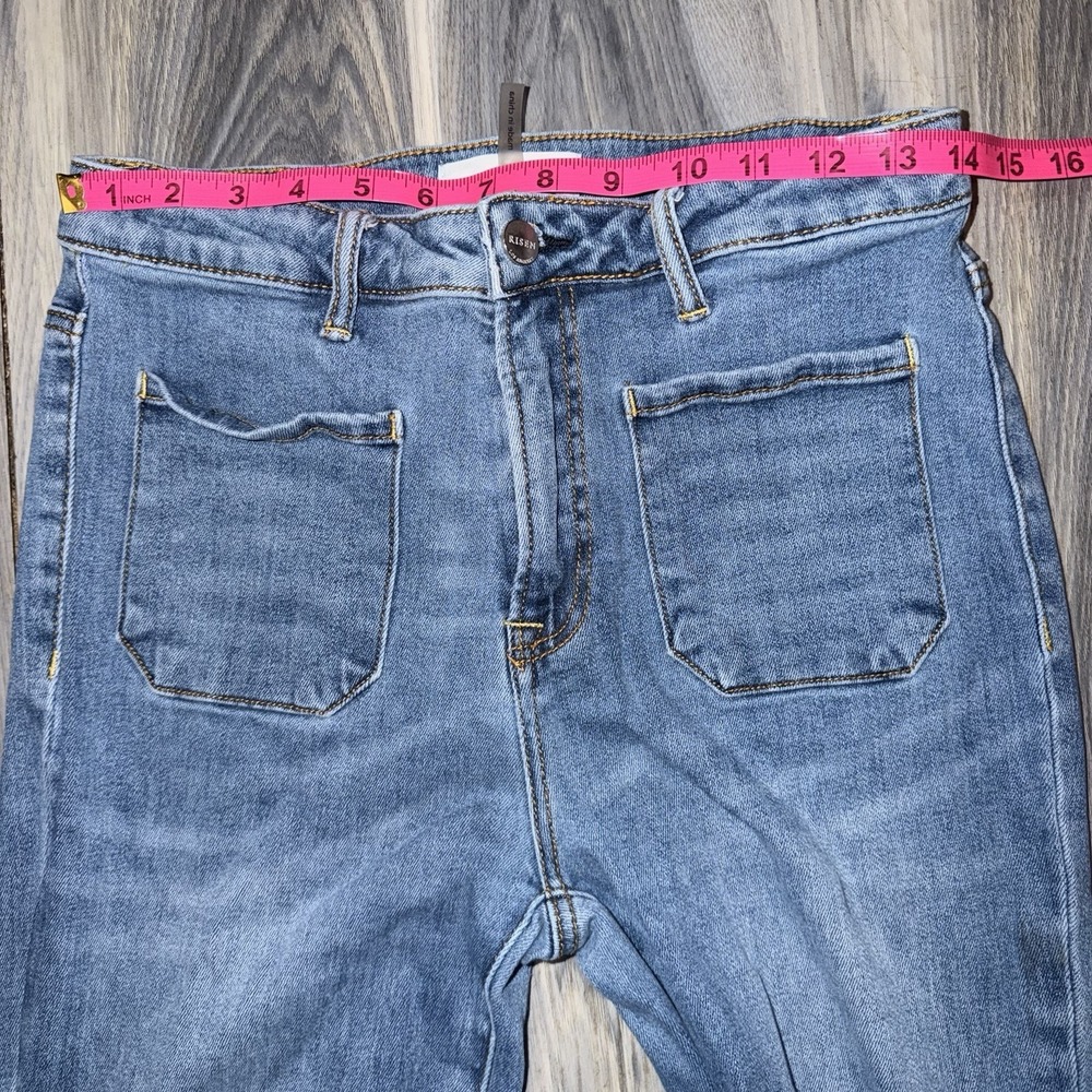 Risen Jeans Womens 11/30 Blue Wash High Rise Patch Front Pockets Flared Wide Leg - Picture 7 of 12